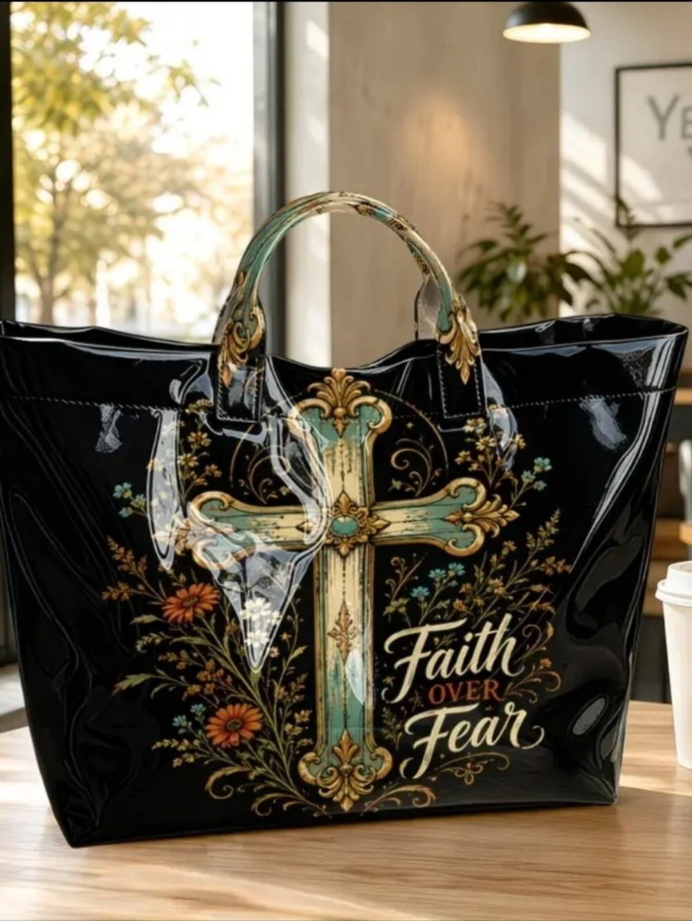Faith Over Fear Insspirational Floral Retro PVC Tote Hand Bag Large
